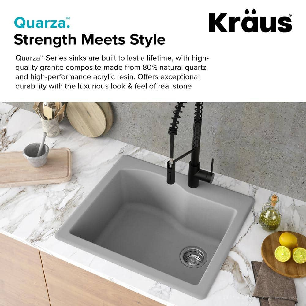 Kraus Quarza 25 Dual Mount Single Bowl Granite Kitchen Sink and Strainer in Grey