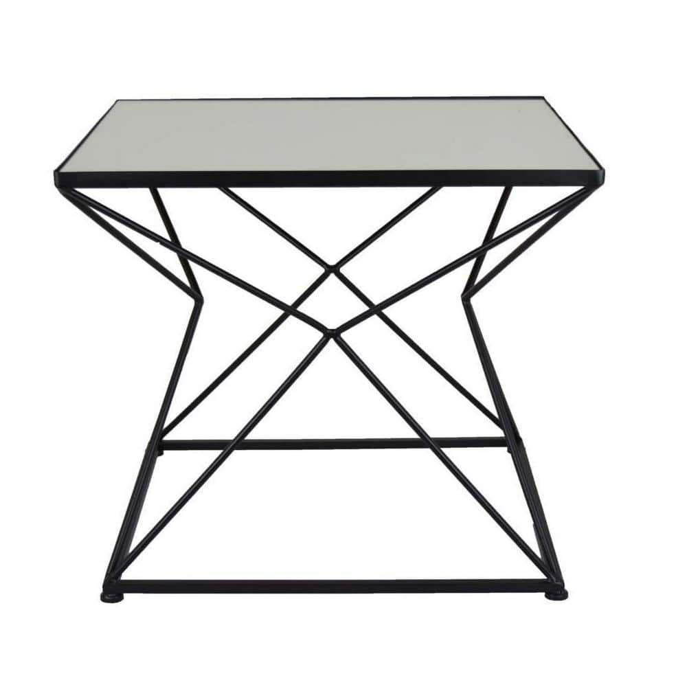 BenJara 21 Inch Plant Stand Side Table, Mirror Top, Black Geometric Metal Frame