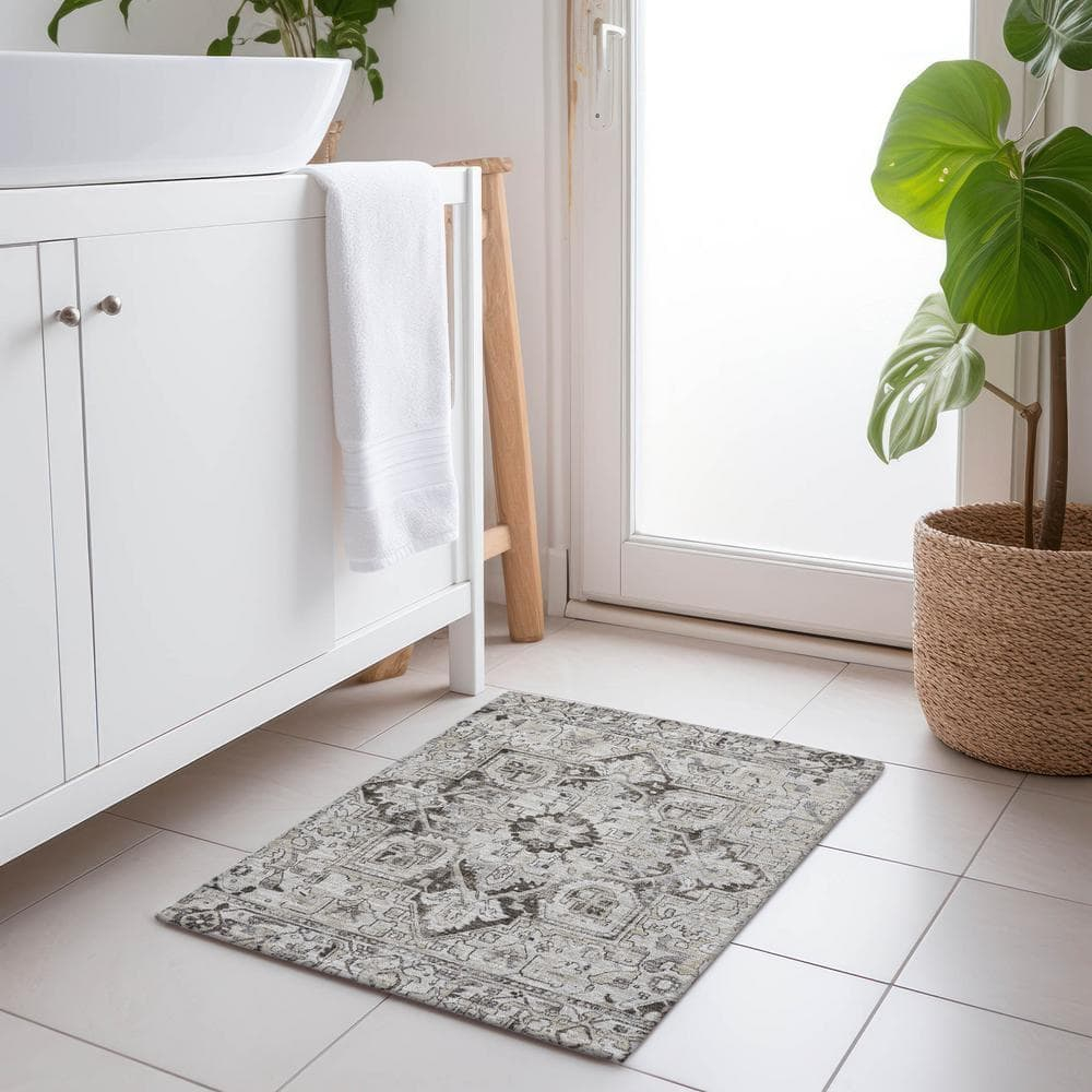 Ivory and Gray Synthetic Oriental Washable Area Rug 1'8" x 2'6"