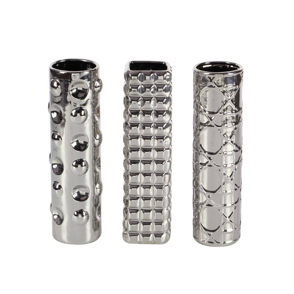 DecMode 4"W, 12"H Silver Ceramic Vase with Varying Patterns, Set of 3