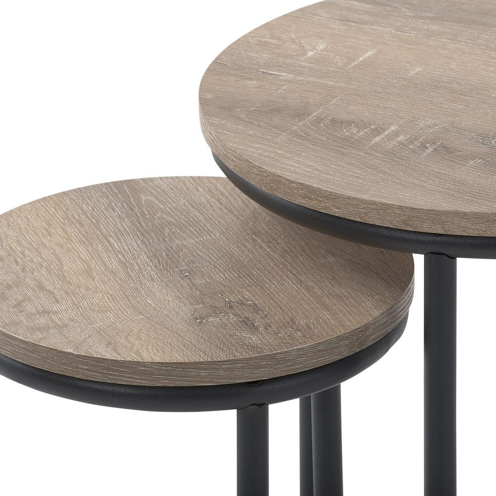 CorLiving Fort Worth Light Brown Faux Wood Grain Finish Engineered Wood Round Tall Nesting Side Tables with Black Steel Base