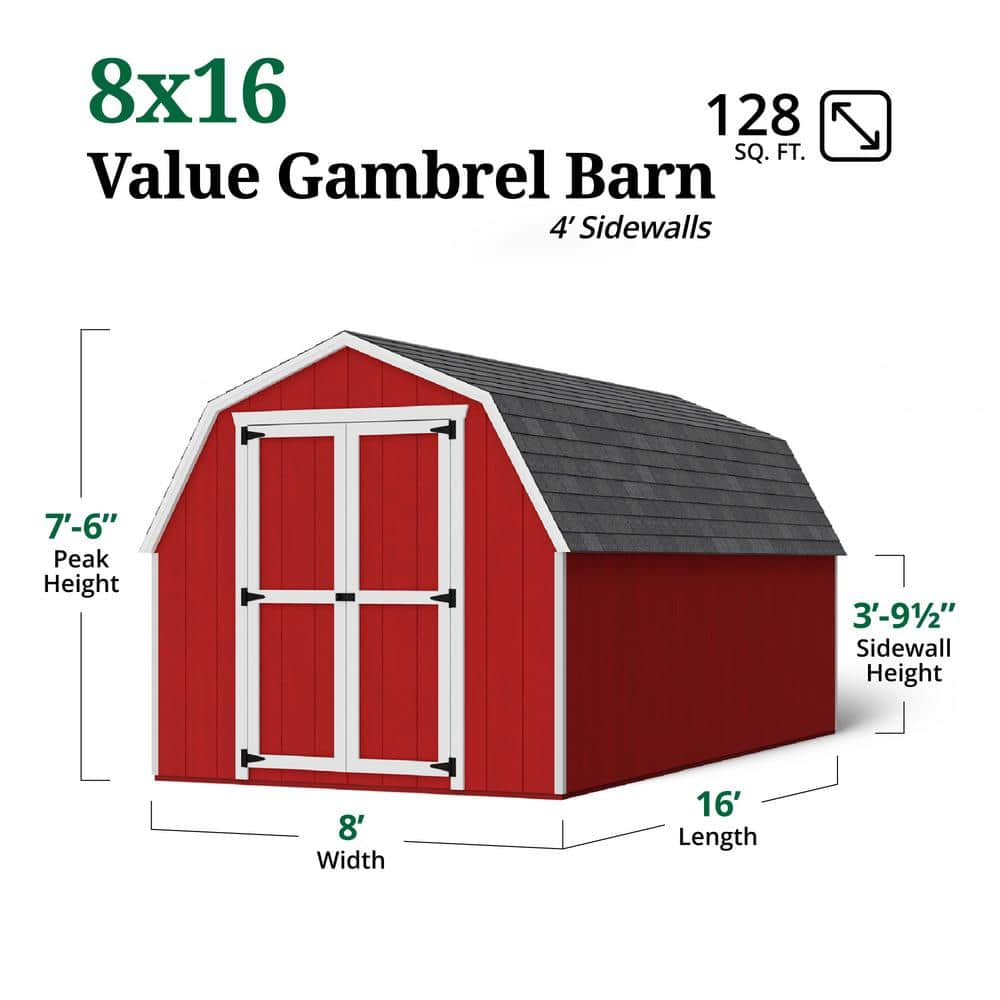 Little Cottage Co. 8x16 Value Gambrel Barn with 4 ft. Sidewalls, Outdoor Wood Storage Shed Do-It-Yourself Precut Kit