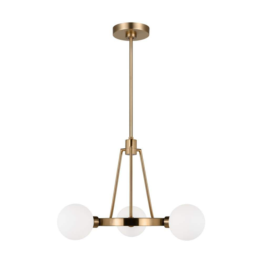 Satin Brass Minimalist 3-Light Chandelier with Milk Glass Shades