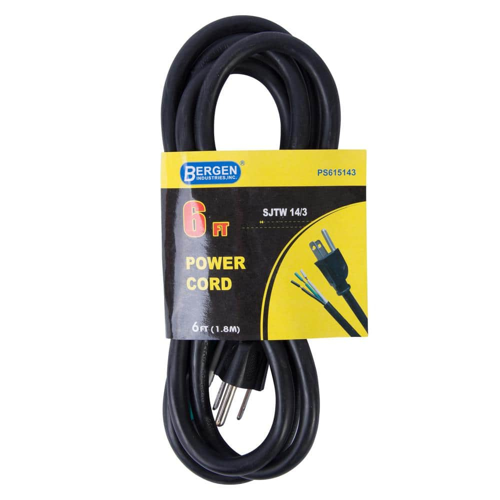Power Supply Cord SJTW Black 6ft 16/3 15A Straight Plug