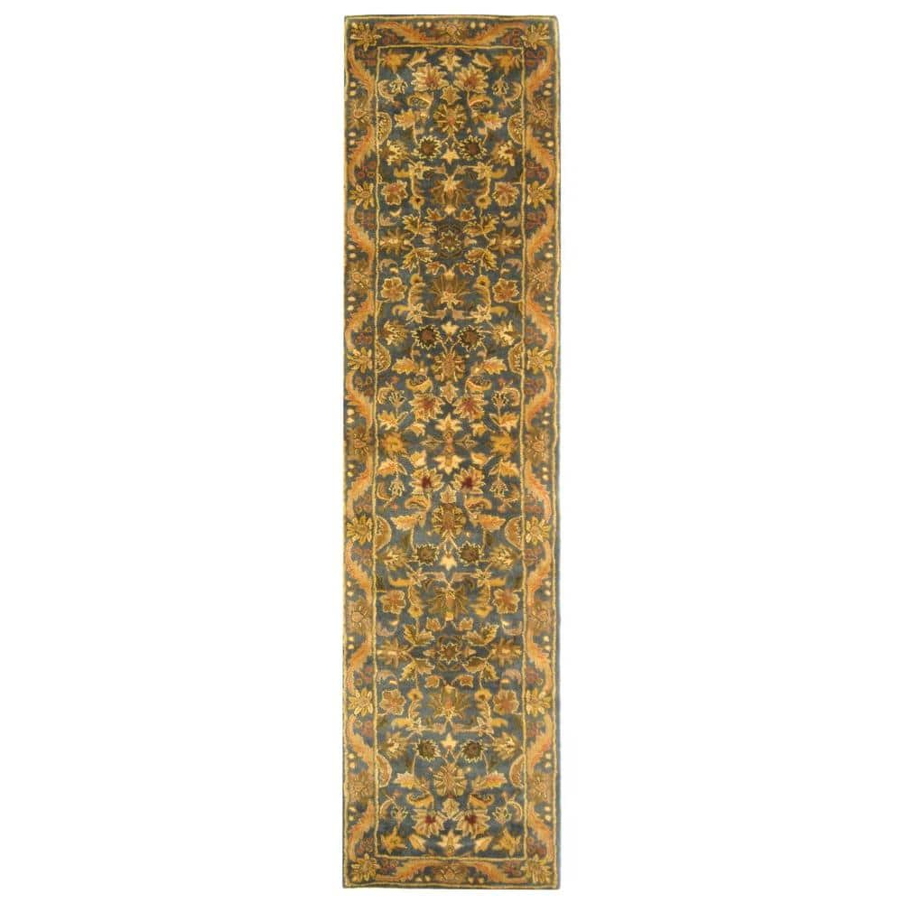 SAFAVIEH Antiquity Carmella Floral Bordered Wool Runner Rug, Blue/Gold, 2'3" x 10'