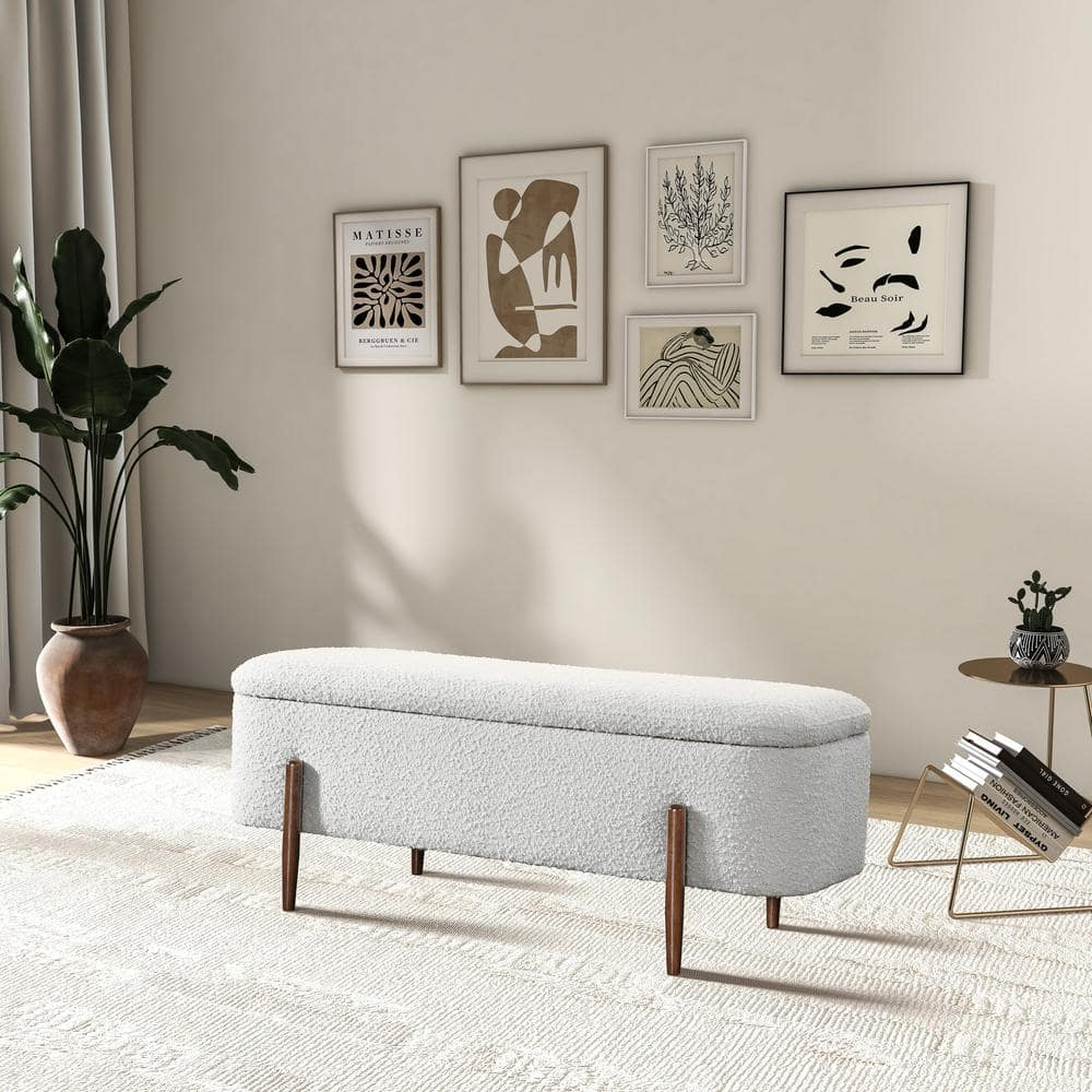 Alya Mid-Century Japandi Ivory Boucle Fabric Upholstered Storage Ottoman Bench