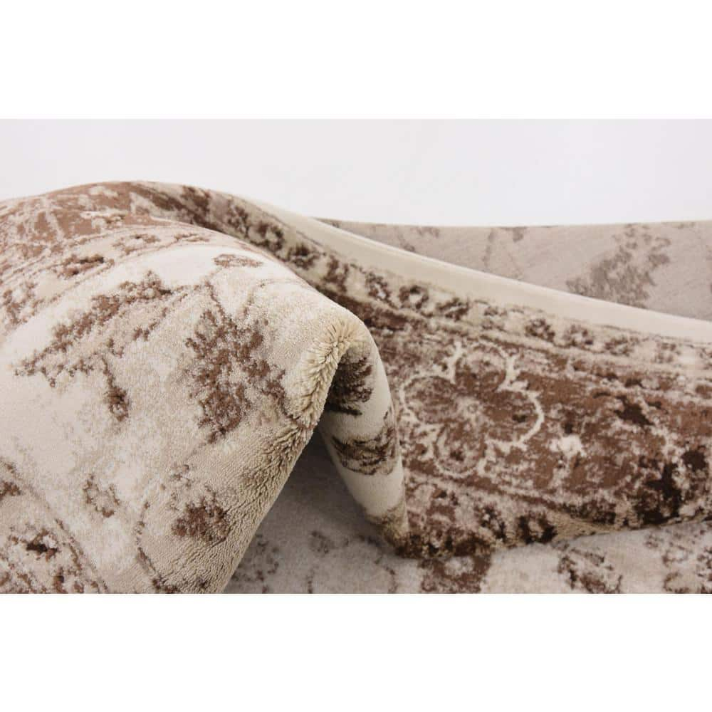Ivory and Brown Synthetic Stain-Resistant Rectangular Area Rug