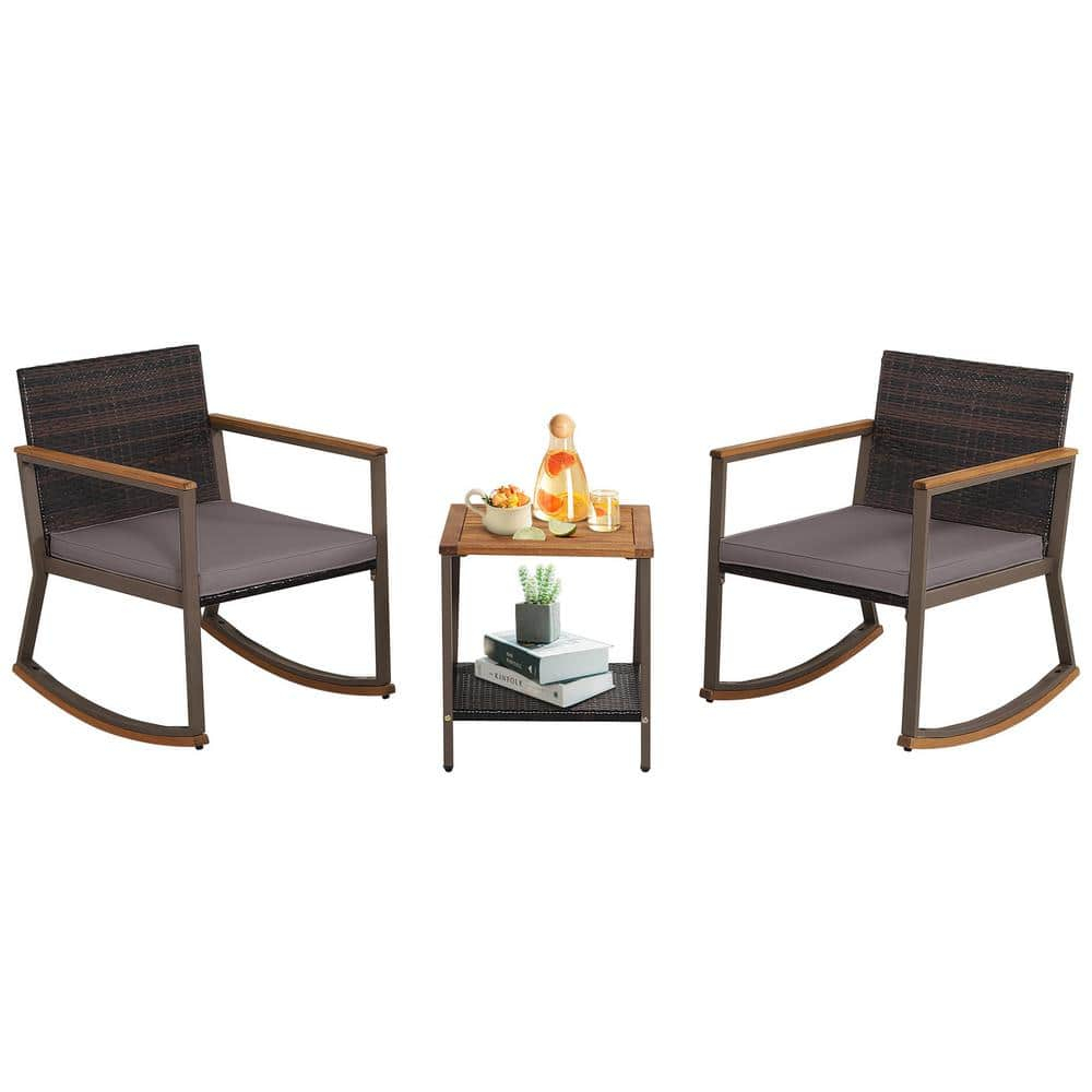 3 Pieces Rattan Rocking Bistro Set, Patio Conversation Sets with Coffee Table and Cushions-Off Navy