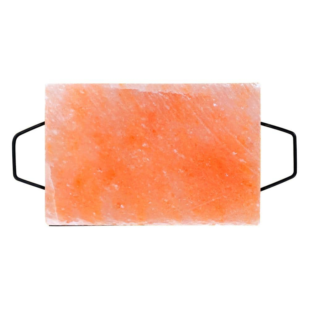 Outset Pink Himalayan Salt Plank with Holder Tray for Cooking, Grilling, Serving and Cutting, 12" x 8" x 1.5" Block, 17" including Handles
