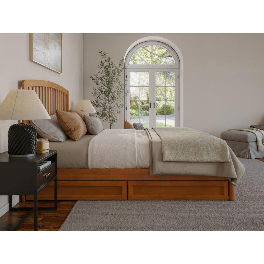 Lucia King Wood Platform Bed with Panel Footboard & Drawers in Light Toffee