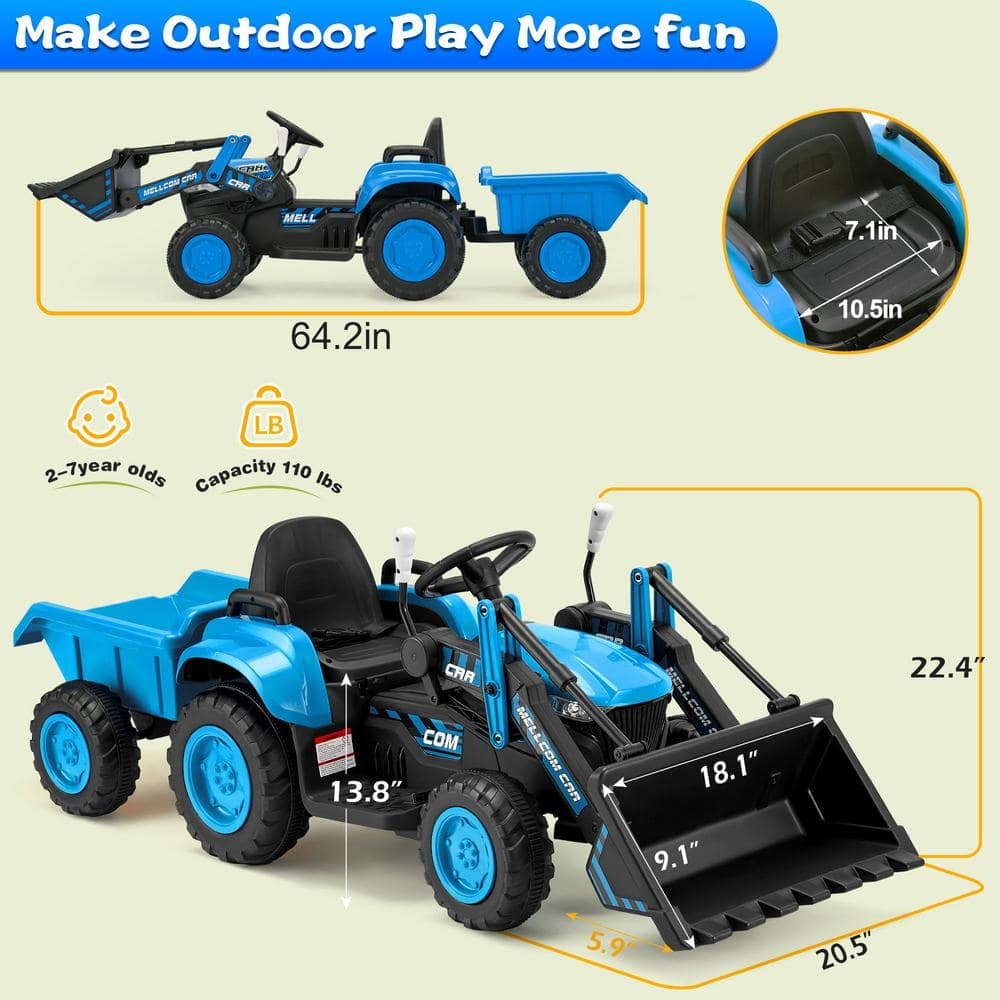 Erommy Ride on Bulldozer Toys with Remote Control, 12 V Battery Powered Ride on Tractor with Trailer, Front Loader Bucket, Horn, Lights, Music
