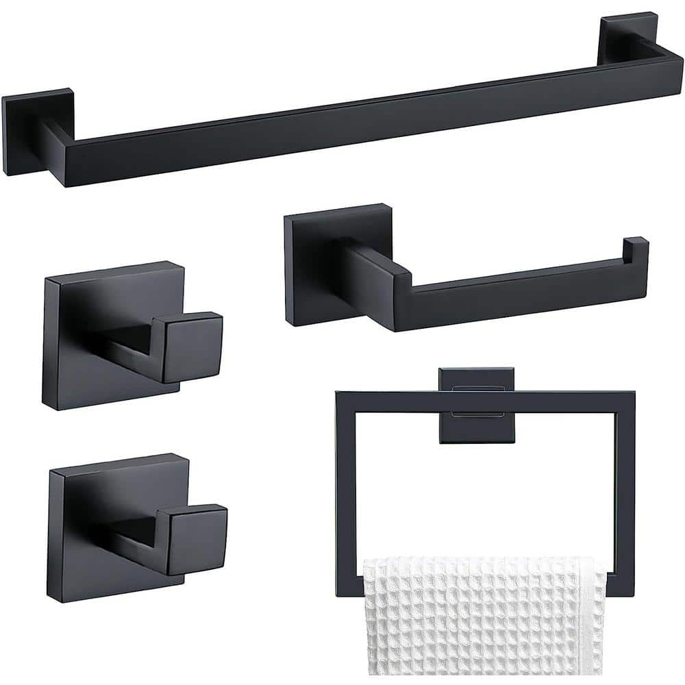 TURS Black Towel Bar Set Bathroom 5-Piece Bathroom Hardware Sets Towel Ring Toilet Paper Holder 2 Towel Hook Stainless Steel Wall Mounted Towel Holder Set