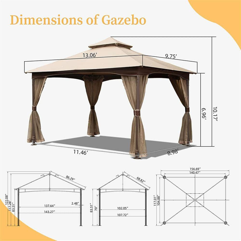 10'x13' Gazebo, Outdoor Gazebo with Netting, Metal Frame Double Roof Soft Top Patio Gazebo Canopy Tent for Deck Backyard Garden Lawns (Khaki)