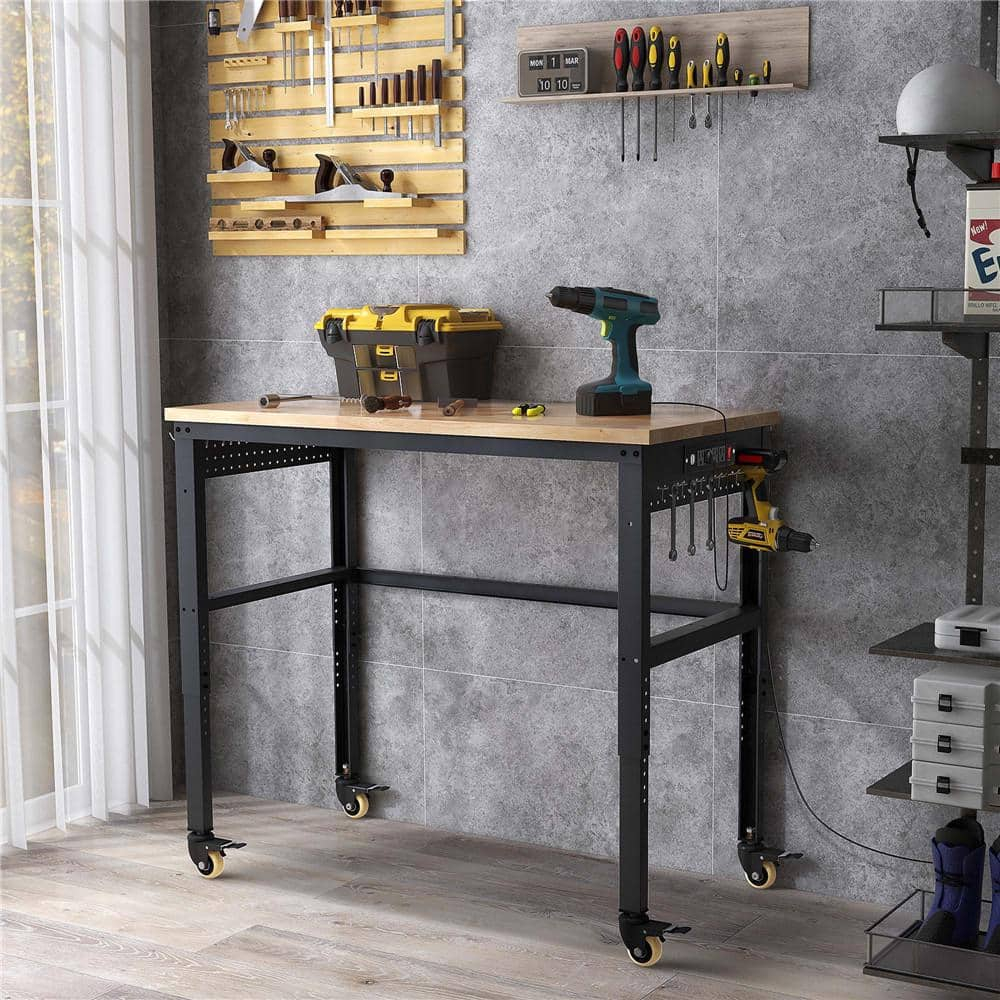 Costway 48" Adjustable Work Bench Heavy-Duty Steel Frame Worktable with Power Outlets