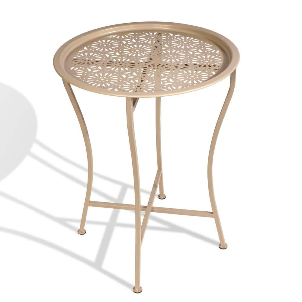 Daisy Patterned Metal Folding Side Table, Off-White