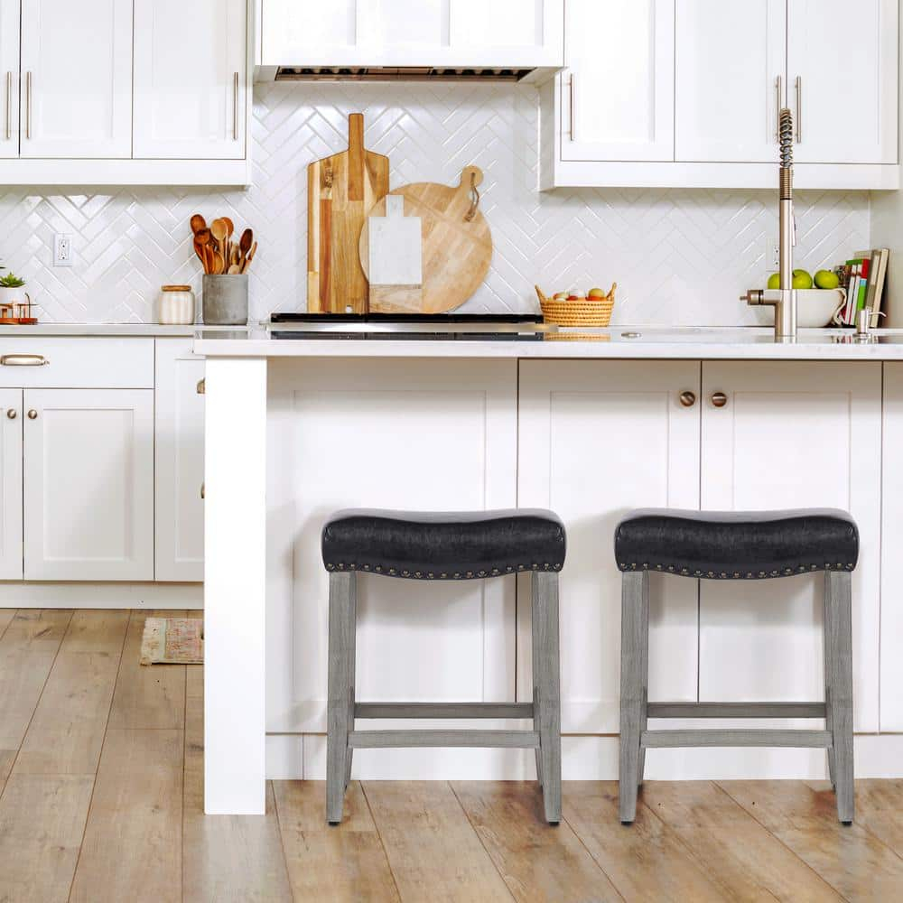 24" Inch Upholstered Saddle Seat Bar Stool (Set of 2), Antique Gray/Leather