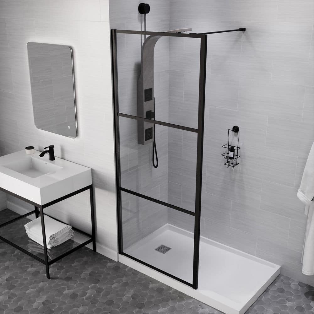ANZZI Series 34 in. x 78 in. Fixed Frameless Shower Door in Matte Black with Tsunami Guard Tempered Clear Glass
