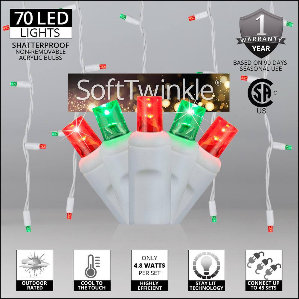 SoftTwinkle 70 Random Twinkle Red and Green LED Christmas Icicle Lights, White Wire, Indoor Outdoor Use