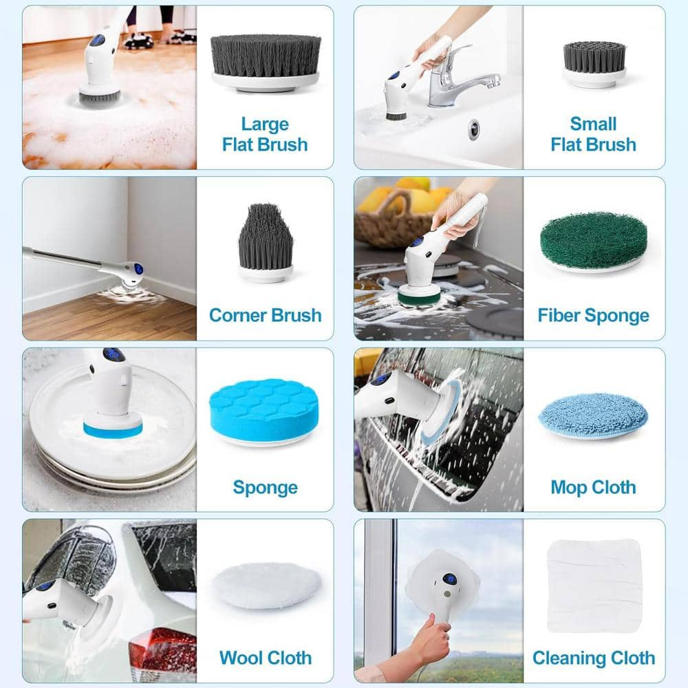 Electric Spin Scrubber with Light, Electric Cleaning Brush LCD 3 Adjustable Speeds Cordless Handheld Brush with 8 Replaceable Brush Head