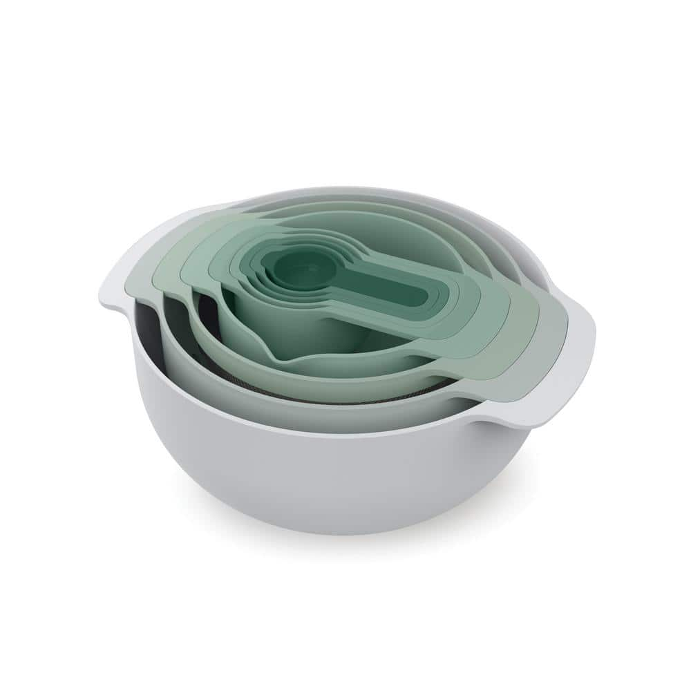 Joseph Joseph Nest 9 Plus, 9 Piece Compact Food Preparation Set with Mixing Bowls, Measuring cups, Sieve and Colander, Editions Range, Sage Green