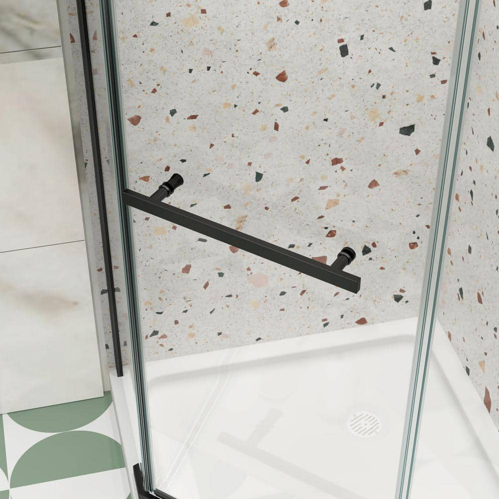 34.75" Wx72 H Neo-Angle Frameless Shower Door,Corner Shower Enclosure 304 Stainless Steel Handle,Pivot Shower Door with 1/4 in(6mm) Thick Tempered Clear Glass（Shower Base Not Included Black