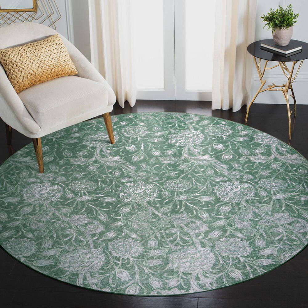 Kalini Green Floral Round Washable Synthetic Area Rug