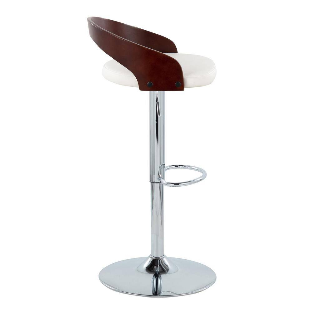 Grotto Mid-Century Modern Adjustable Height Barstool with Swivel in Chrome Metal, Cherry Wood and White Faux Leather with Oval Footrest by LumiSource - Set of 2
