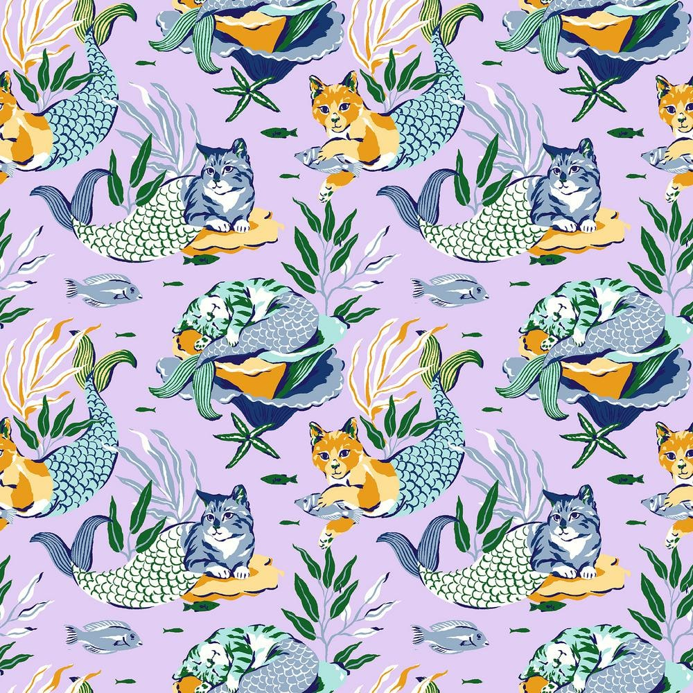 PrintFresh Meowing Mermaids Lavender Peel and Stick Wallpaper