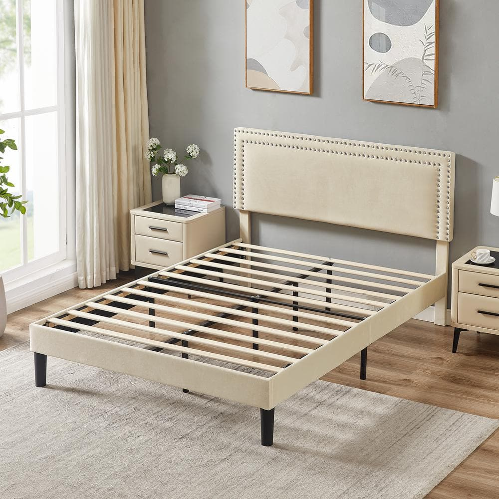 Katkuca Queen Bed Frame, Upholstered Queen Size Platform Bed Frame with Adjustable Headboard, Strong Wood Slat Support, No Box Spring Needed, Beige