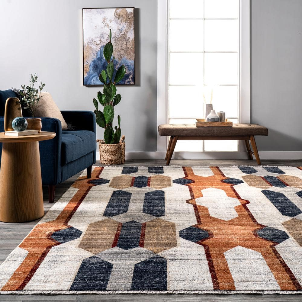 Beige Geometric Rectangular Stain-Resistant Area Rug 62"