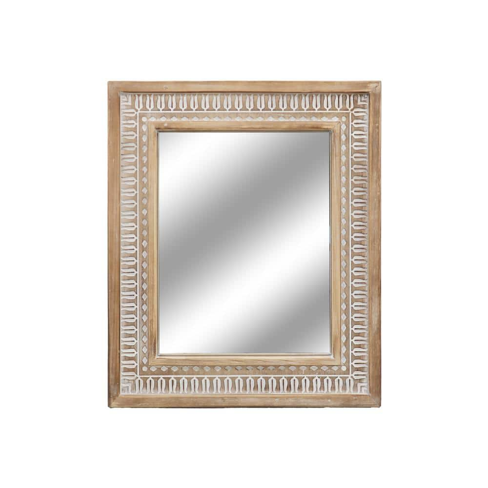 Parisloft Rectangular Carved Wood Wall Mirror - 20 x 23.6 Inches, Farmhouse Wood Mirror for Bathroom, Living Room or Bedroom, Rustic Brown and White