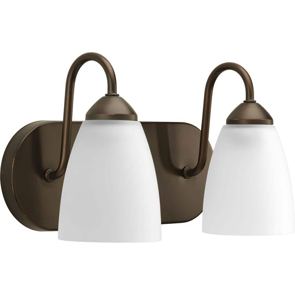 Progress Lighting Gather 2-Light Bath Bracket, Ceramic, Antique Bronze, Etched Glass Shade