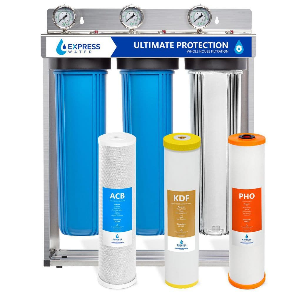 Express Water Whole House Water Filter, 3 Stage Water Filtration, Sediment, Polyphosphate Anti-Scale, Carbon Filters Includes Pressure Gauges, Easy Release, and 1 Inch Connections, 23.5" x 8.5" x 30"