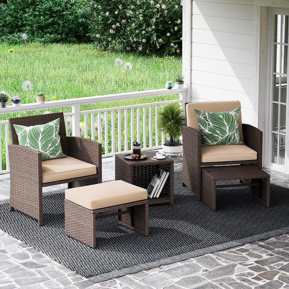 5-Piece Patio Conversation Set Balcony Furniture Set with Beige Cushions, Brown Wicker Chair with Ottoman, Storage Table for Backyard, Garden, Porch
