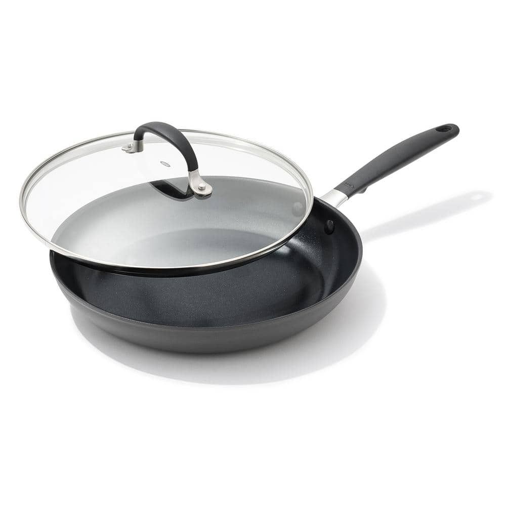 OXO Good Grips 11" Frying Pan Skillet with Lid, 3-Layered German Engineered Nonstick Coating, Stainless Steel Handle with Nonslip Silicone, Black