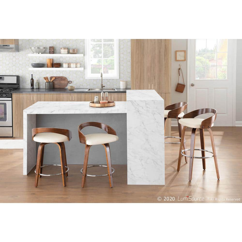 Grotto Mid-Century Modern Counter Stool with Swivel in Walnut with Cream Faux Leather by LumiSource - Set of 2