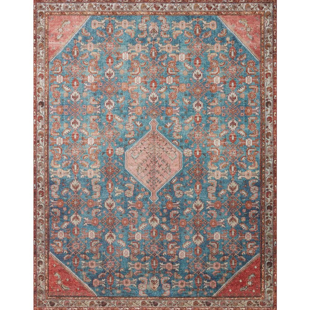 Blue and Clay Vintage Distressed Polyester Accent Rug