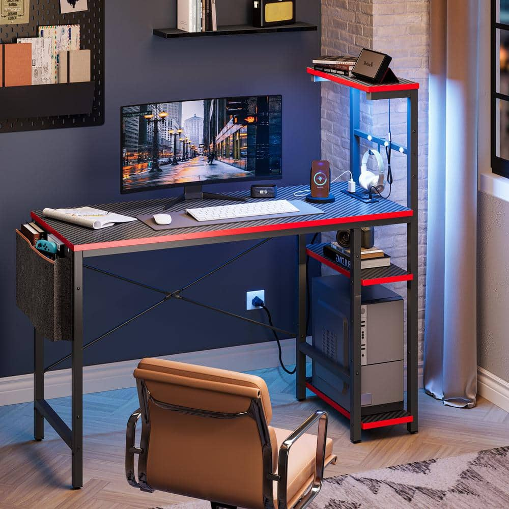 Bestier 44 inch LED Gaming Desk with Outlets & USB Ports Computer Desk with Storage Shelves in Black Carbon Fiber