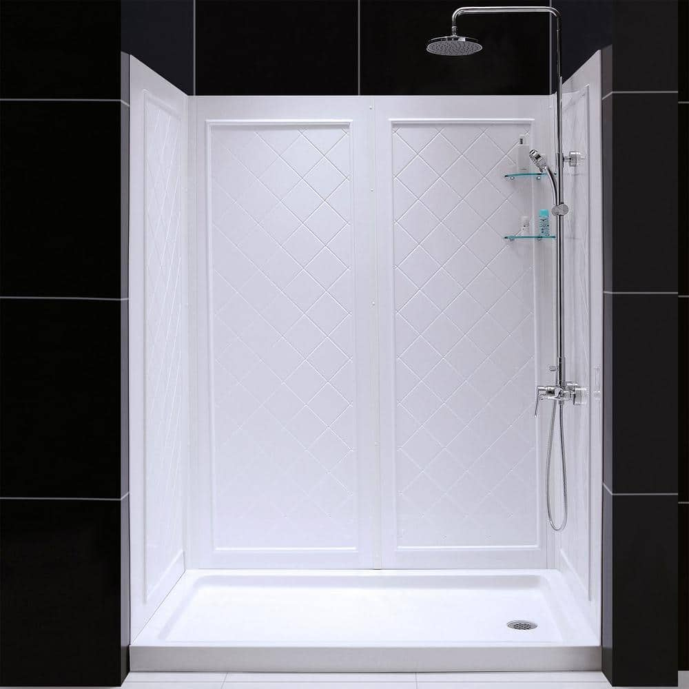 White Acrylic Square Alcove Shower Kit with Tile Pattern