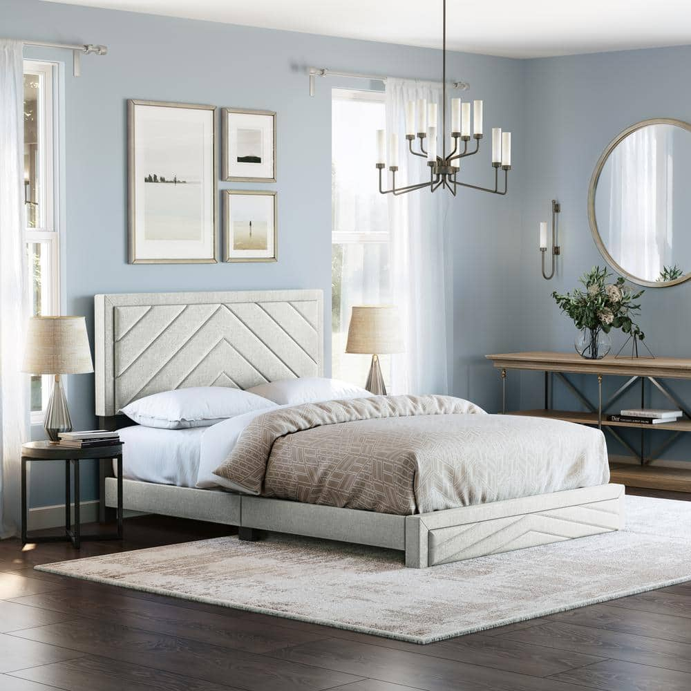 Barcelona King Beige Linen Upholstered Platform Bed with Birch Slats