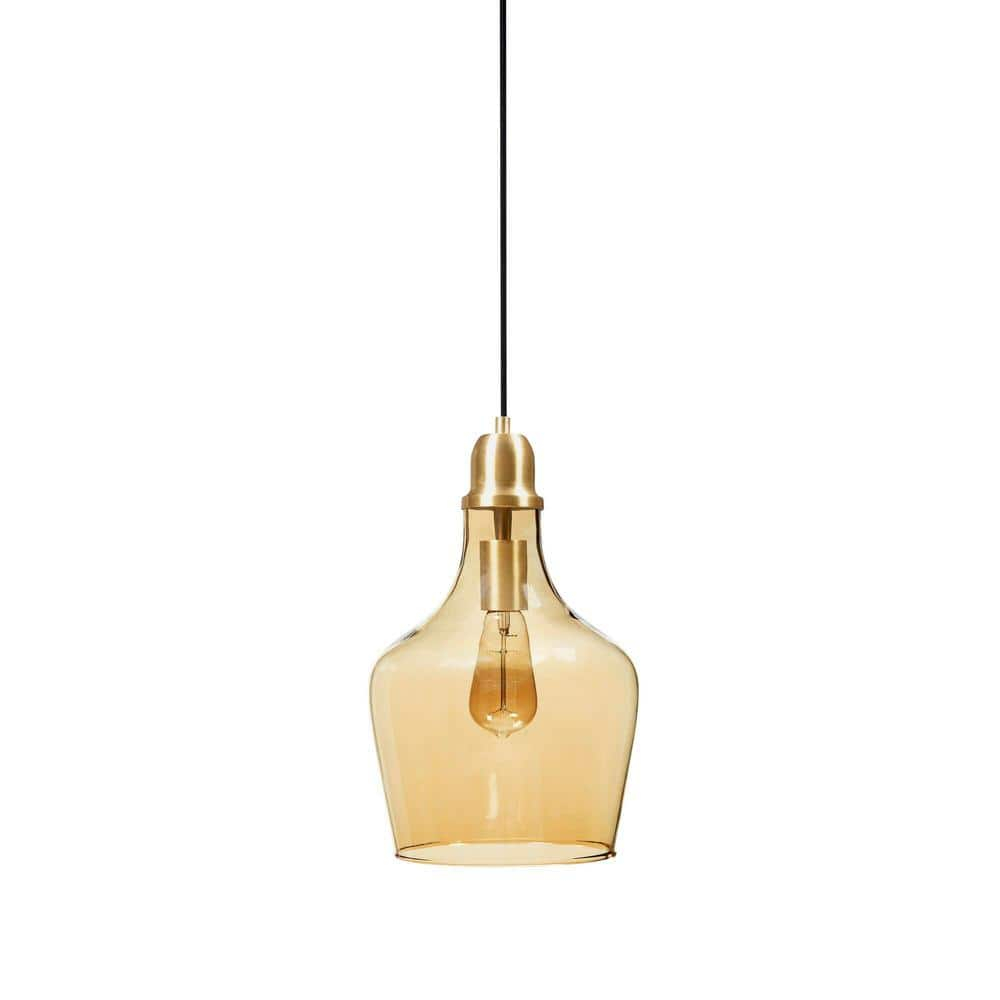 Hampton Hill Auburn Pendant Kitchen Lighting for Dining Room, Industrial Kitchen Lights, Hand-Blown Glass Bell Shaped Pendant Light for Kitchen Island, Foyer, Bedroom, 9" Dia x 95.5" H, Gold/Amber