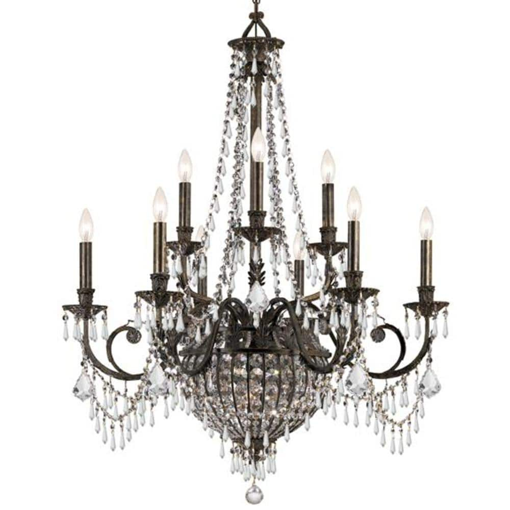 English Bronze 12-Light Crystal Candle Chandelier