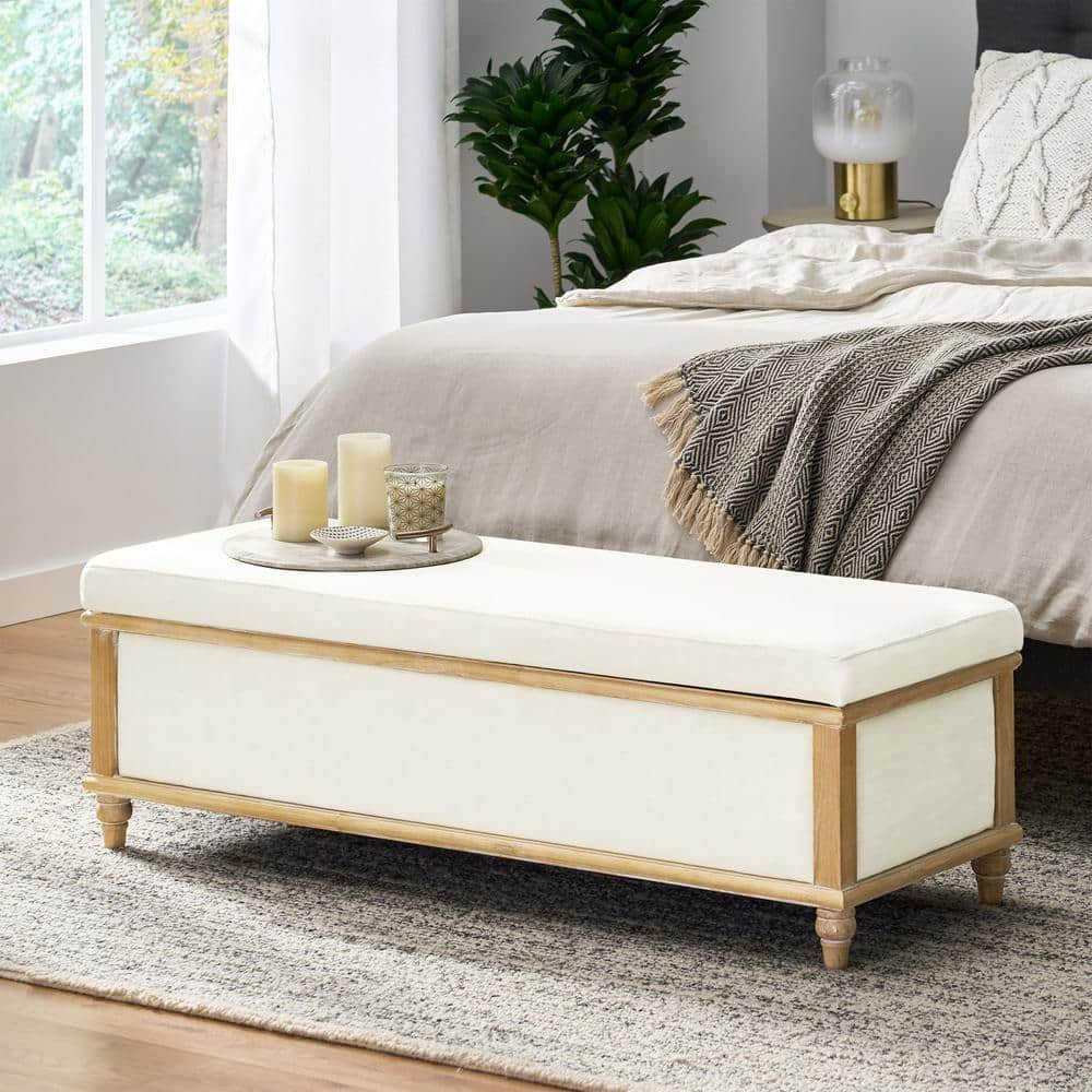 GDF Studio French Country Fabric Storage Ottoman Bench with Weathered Wood Frame, White