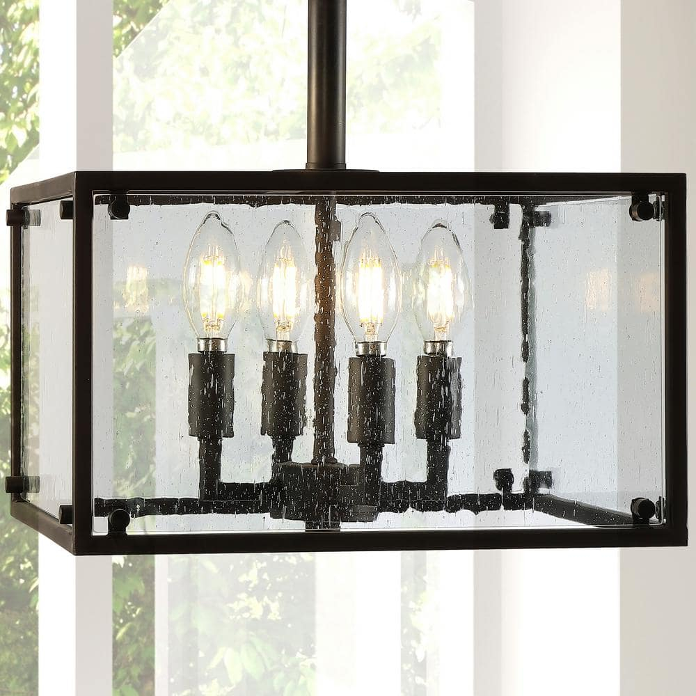 Paysan 13" 4-Light Iron/Seeded Glass Rustic Farmhouse LED Flush Mount, Oil Rubbed Bronze