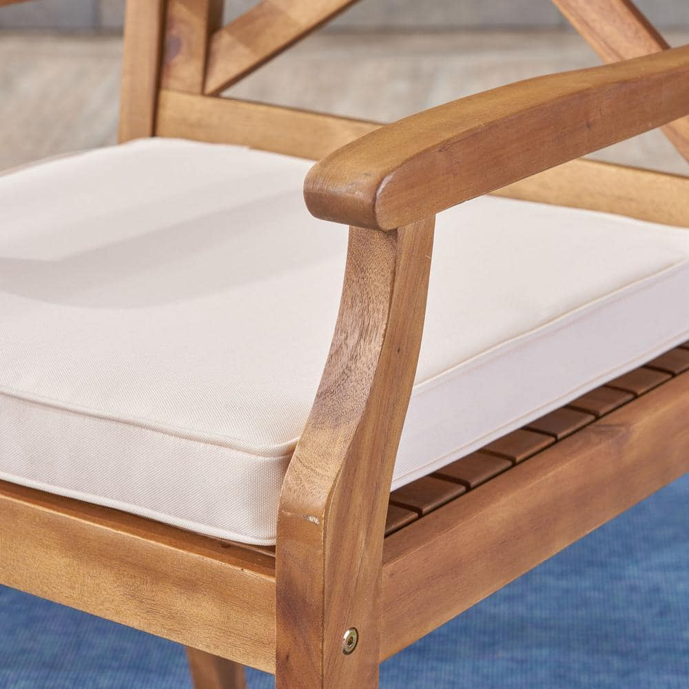 Perla Teak Brown Cross Back Wood Outdoor Patio Dining Chairs with Cream Cushions (2-Pack)