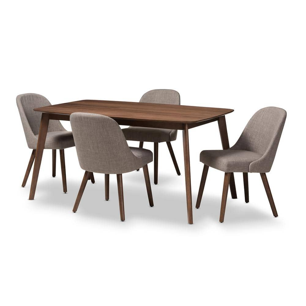 Baxton Studio Cody Mid-Century Modern Fabric Upholstered Walnut Finished Wood 5-Piece Dining Set, Multiple Colors