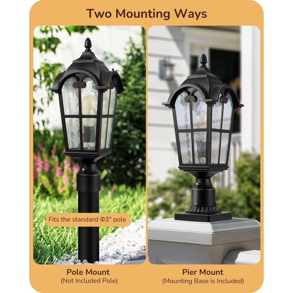 EDISHINE Large Size Dusk to Dawn Outdoor Post Light, 21.9'' H Pole Light Fixture with Pier Mount Base, Waterproof Exterior Lamp Post Lantern Head for Yard, Driveway, Fence, Black