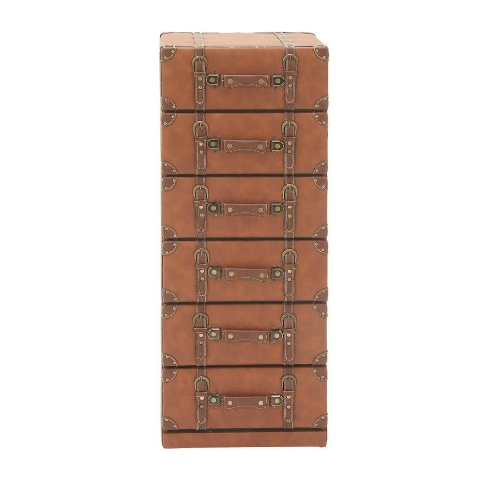 DecMode 16" x 42" Brown Wood Faux Leather 6 Drawers Chest with Buckle and Strap Detailing, 1-Piece