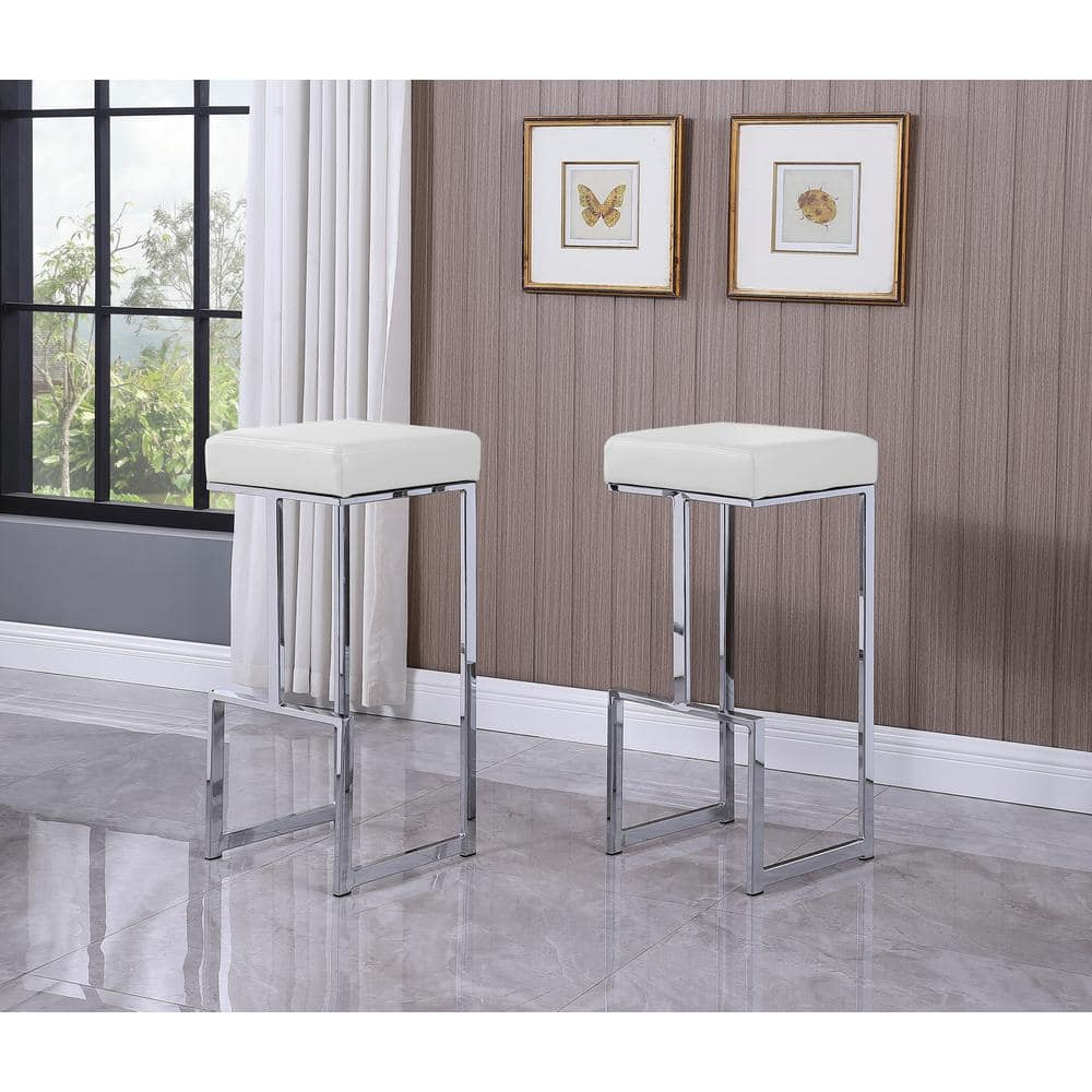 Dorrington Modern Faux Leather Backless Bar Stool in White/Silver (Set of 2)