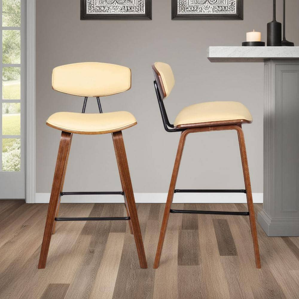 Armen Living Indoor Fox 28.5" Bar Height Black Faux Leather and Black Wood Mid-Century Modern Bar Stool